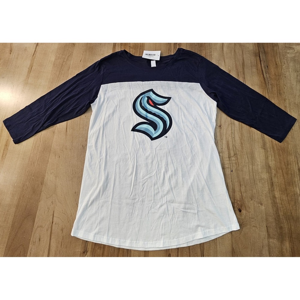 Seattle Kraken Hockey Women's 3/4 Sleeve Shirt Color Block Navy Blue White NWT